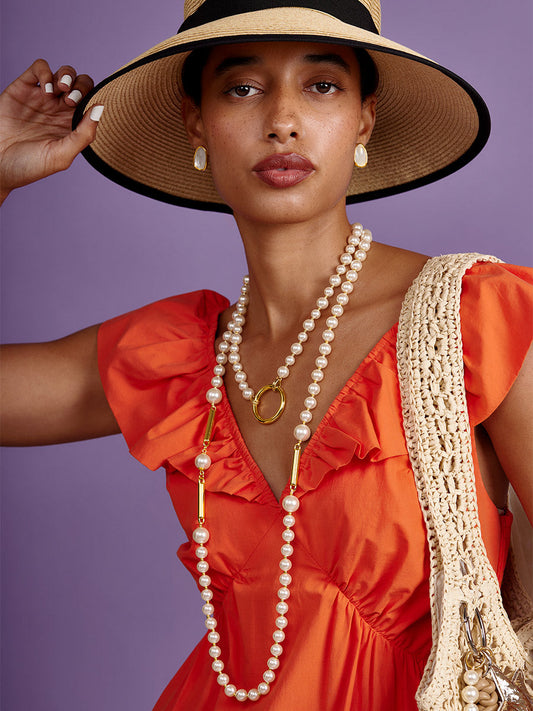 Long Pearl Necklace with Metal Bar