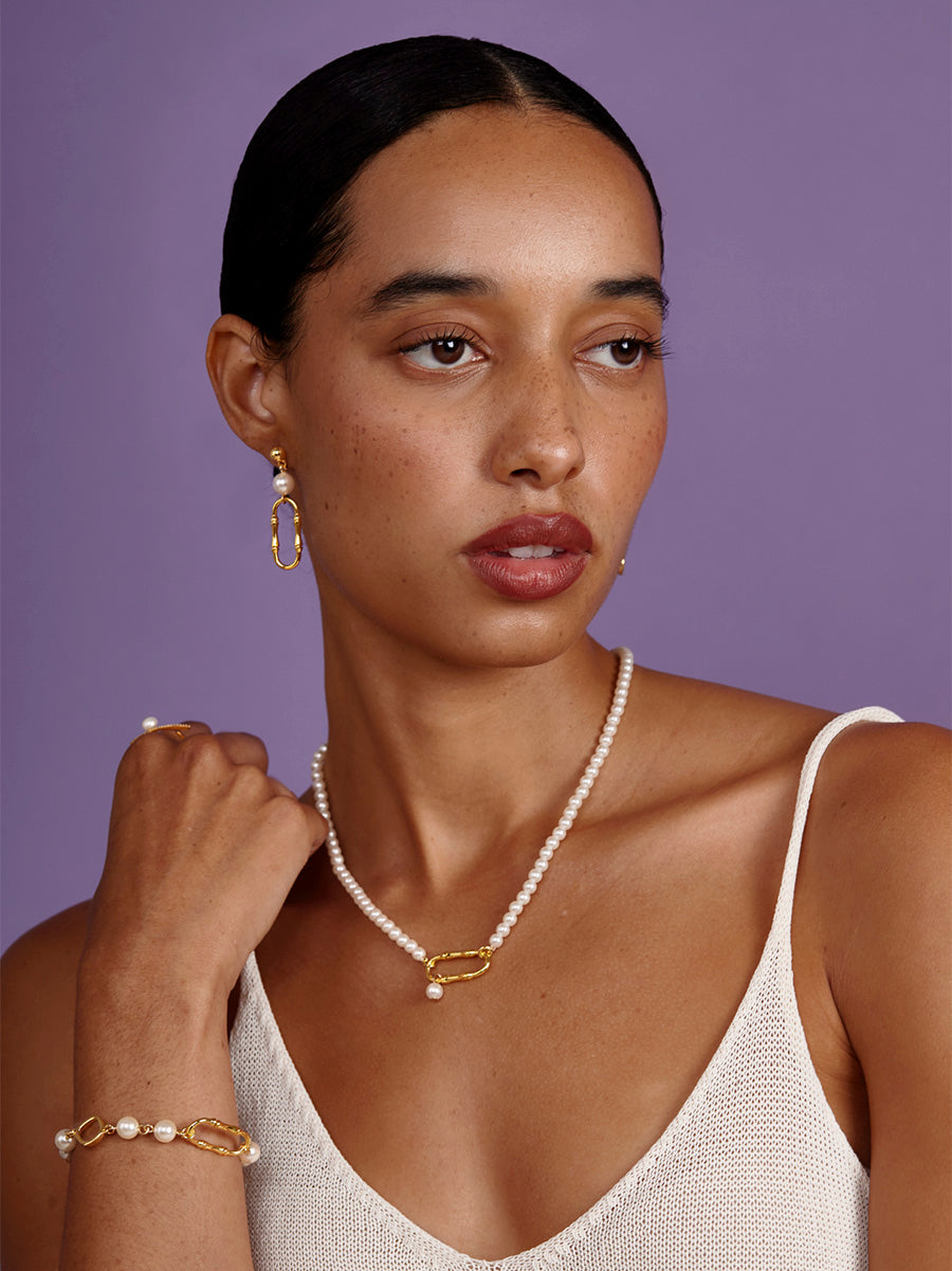 Bamboo Link Pendant Pearl Collar Necklace