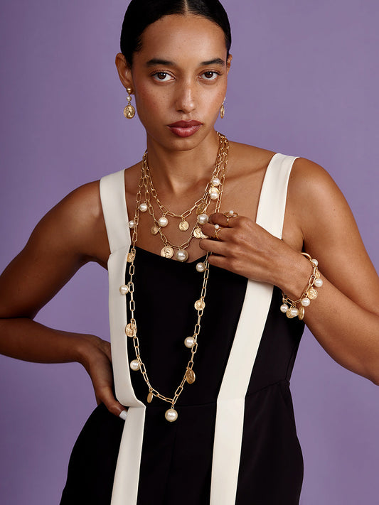 Pearls and Coins Charm Layered Necklace