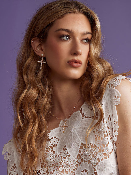 Pearl Cross Drop Earring