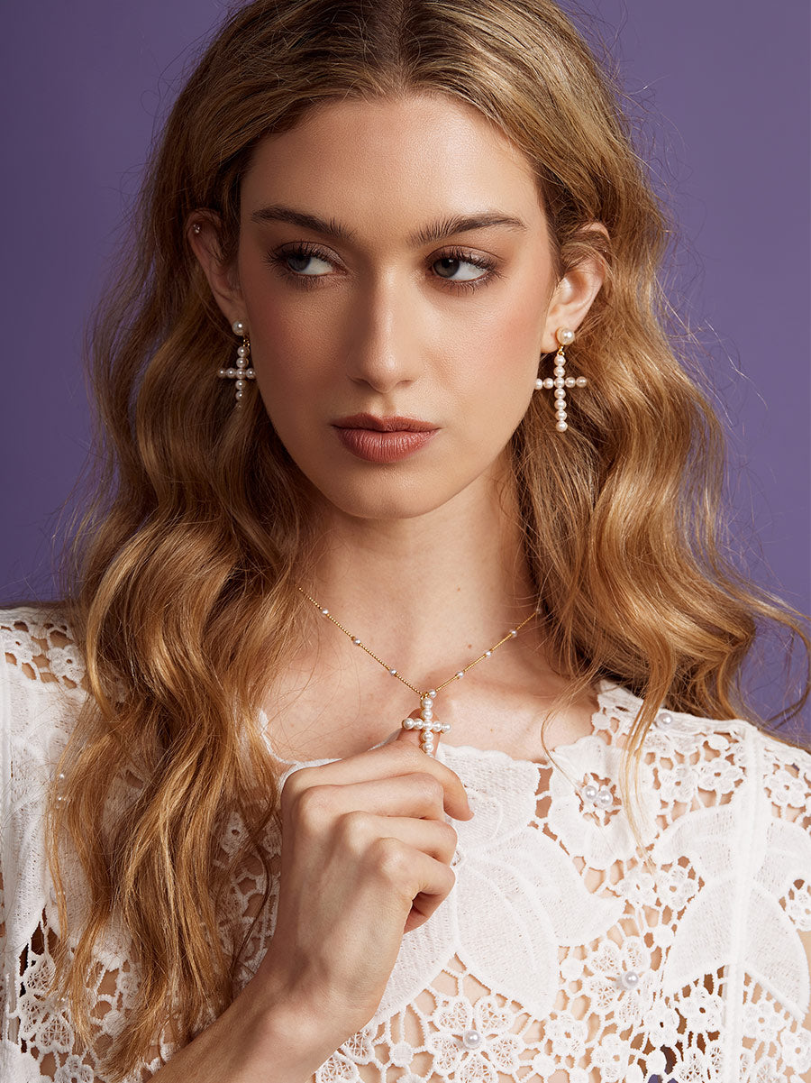 Pearl Cross Drop Earring