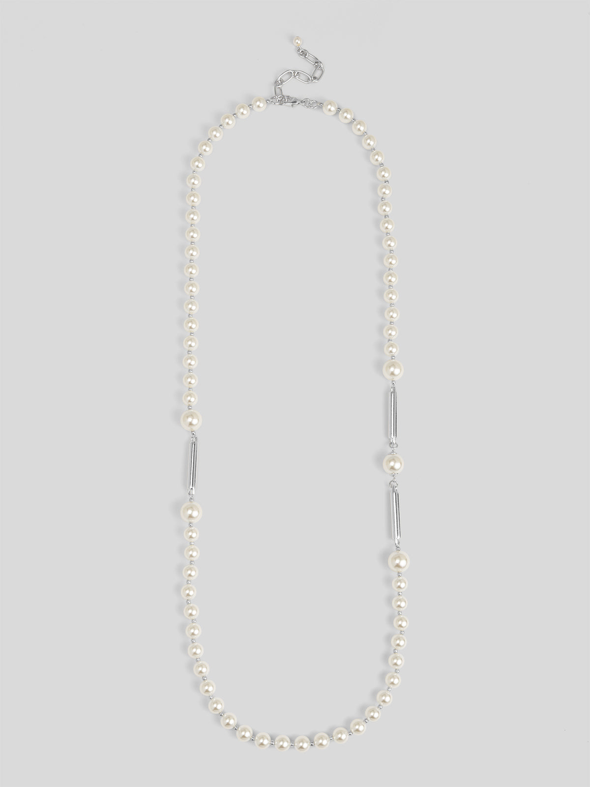 Long Pearl Necklace with Metal Bar