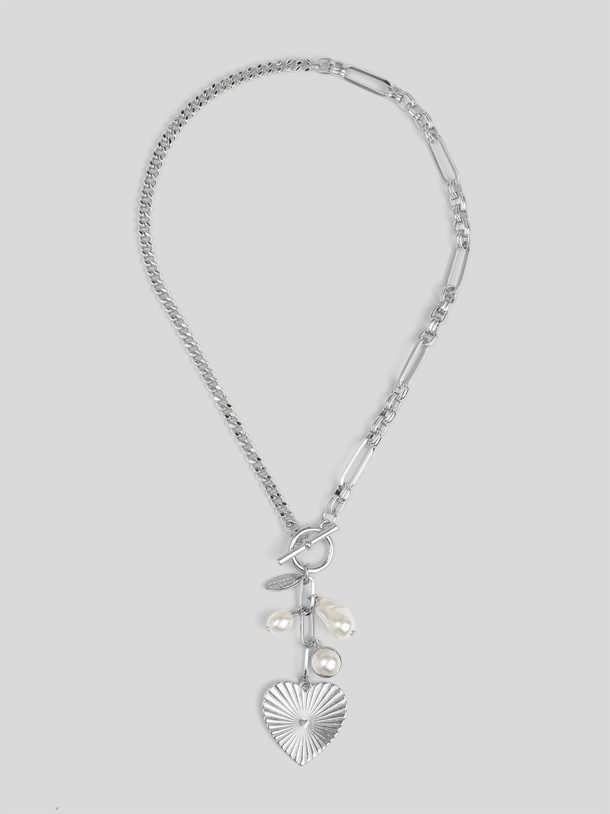 Mixed Link Heart and Pearl Charm Lariat Necklace