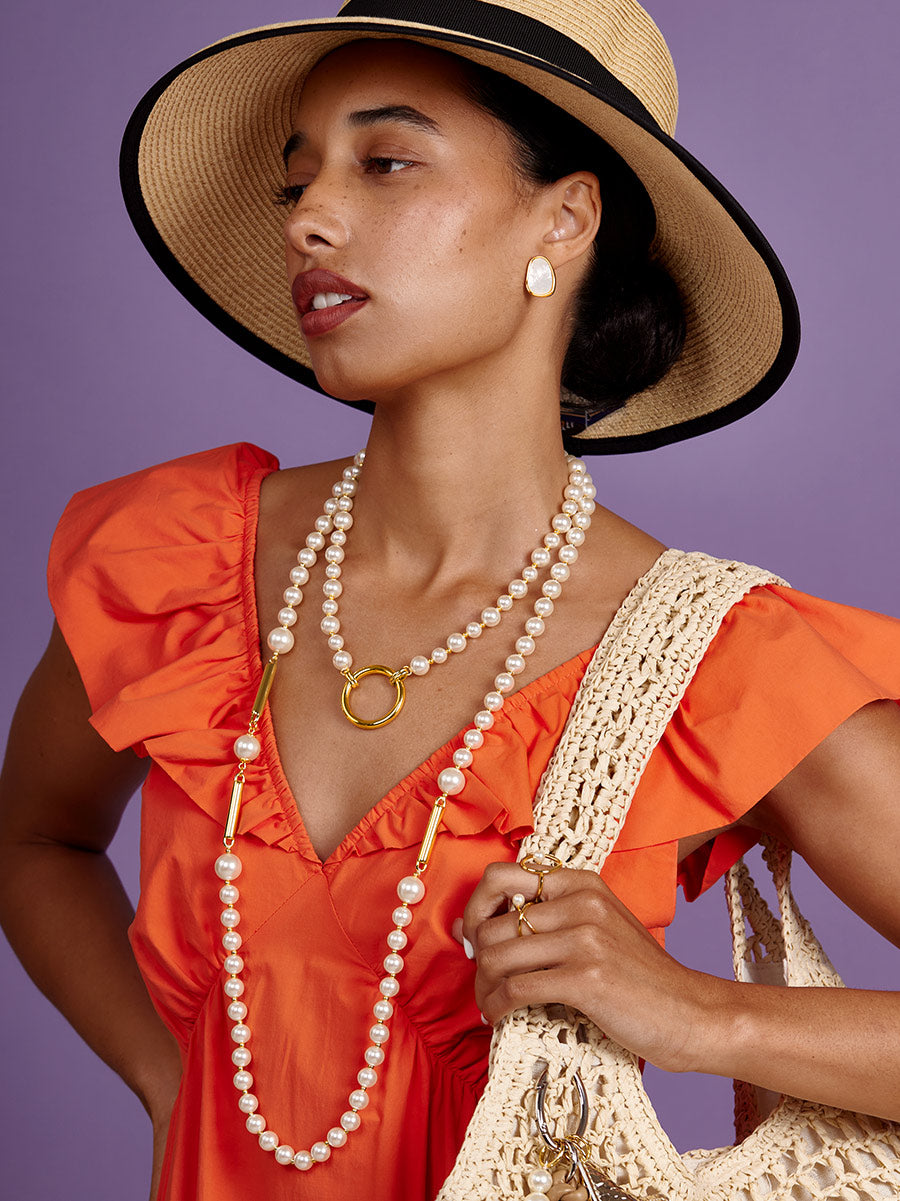 Long Pearl Necklace with Metal Bar
