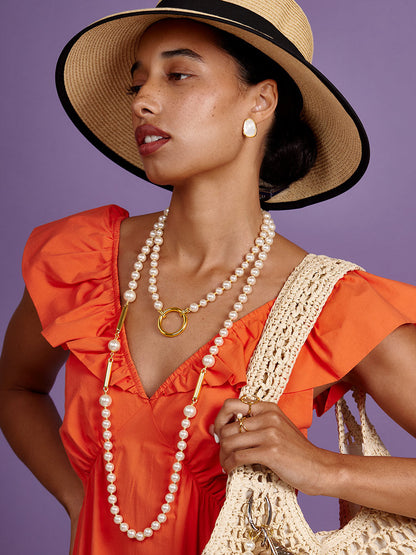 Long Pearl Necklace with Metal Bar