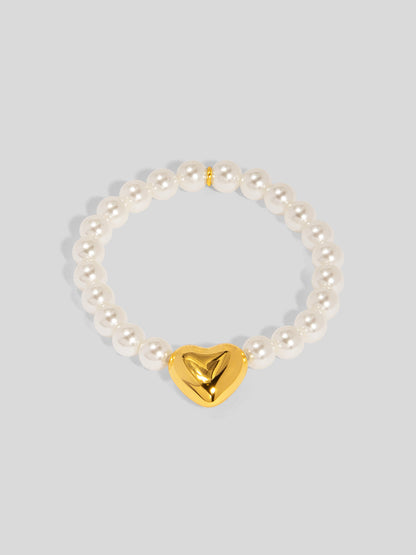 Heart Charm Pearl Stretch Bracelet