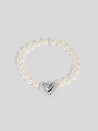 Heart Charm Pearl Stretch Bracelet