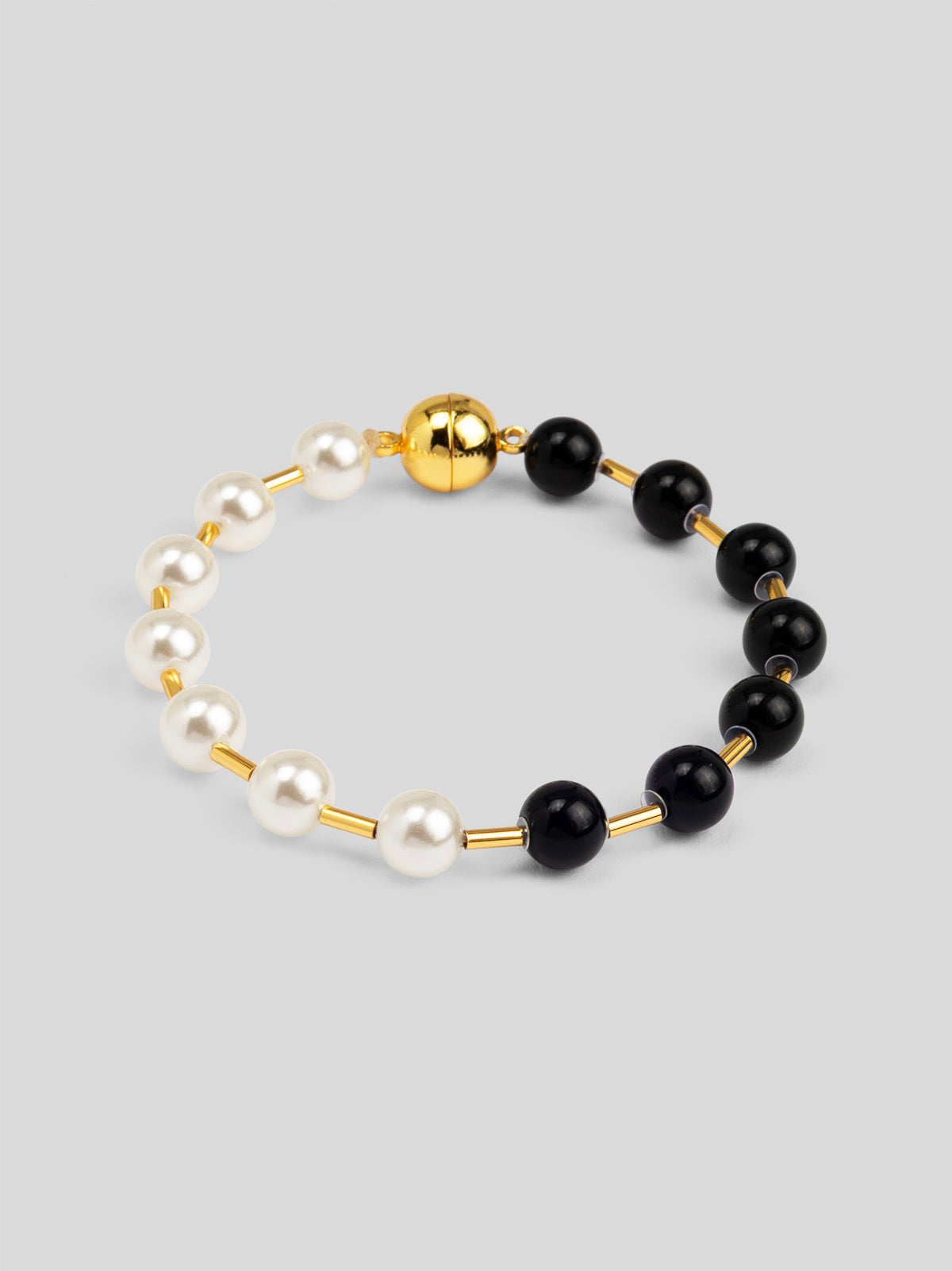 Black and White Pearl Beaded Magnet Bracelet with Gold Spacers
