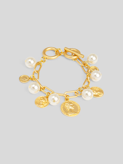 Pearls and Coins Charm Toggle Bracelet