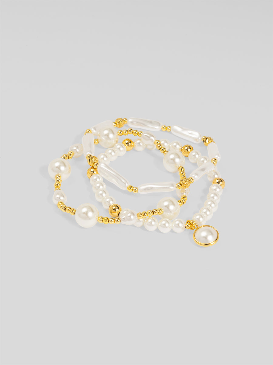 Golden Orbit Pearl Bracelet Set (Set of 3)