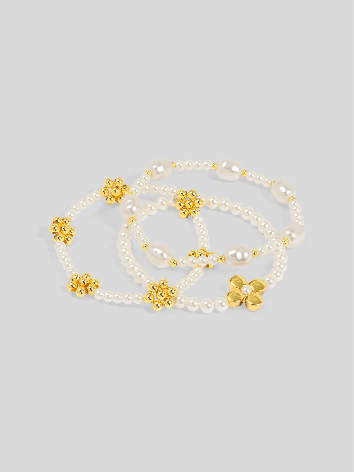 Golden Petal Pearl Bracelet Set (Set of 3)