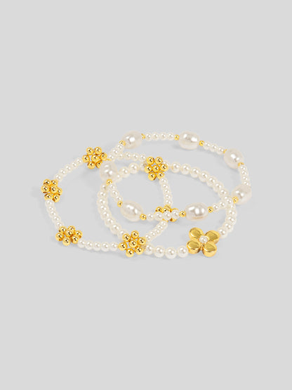 Golden Petal Pearl Bracelet Set (Set of 3)
