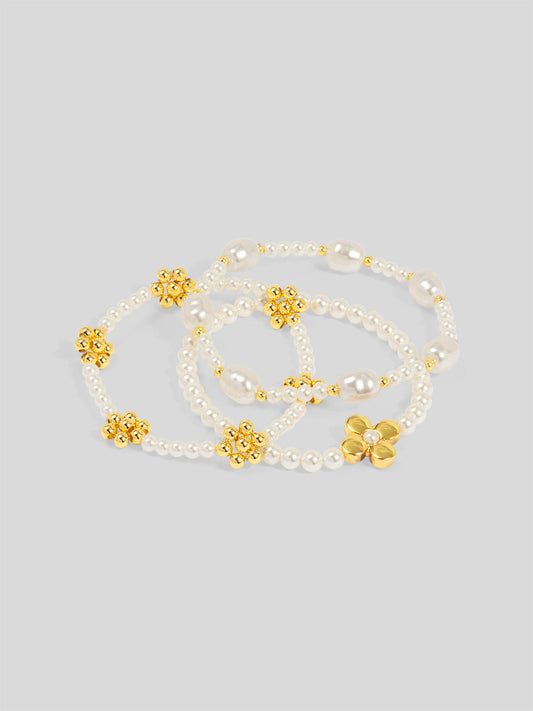 Golden Petal Pearl Bracelet Set (Set of 3)