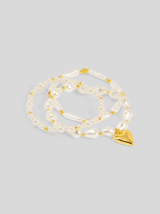 Golden Heart Pearl Bracelet Set (Set of 3)