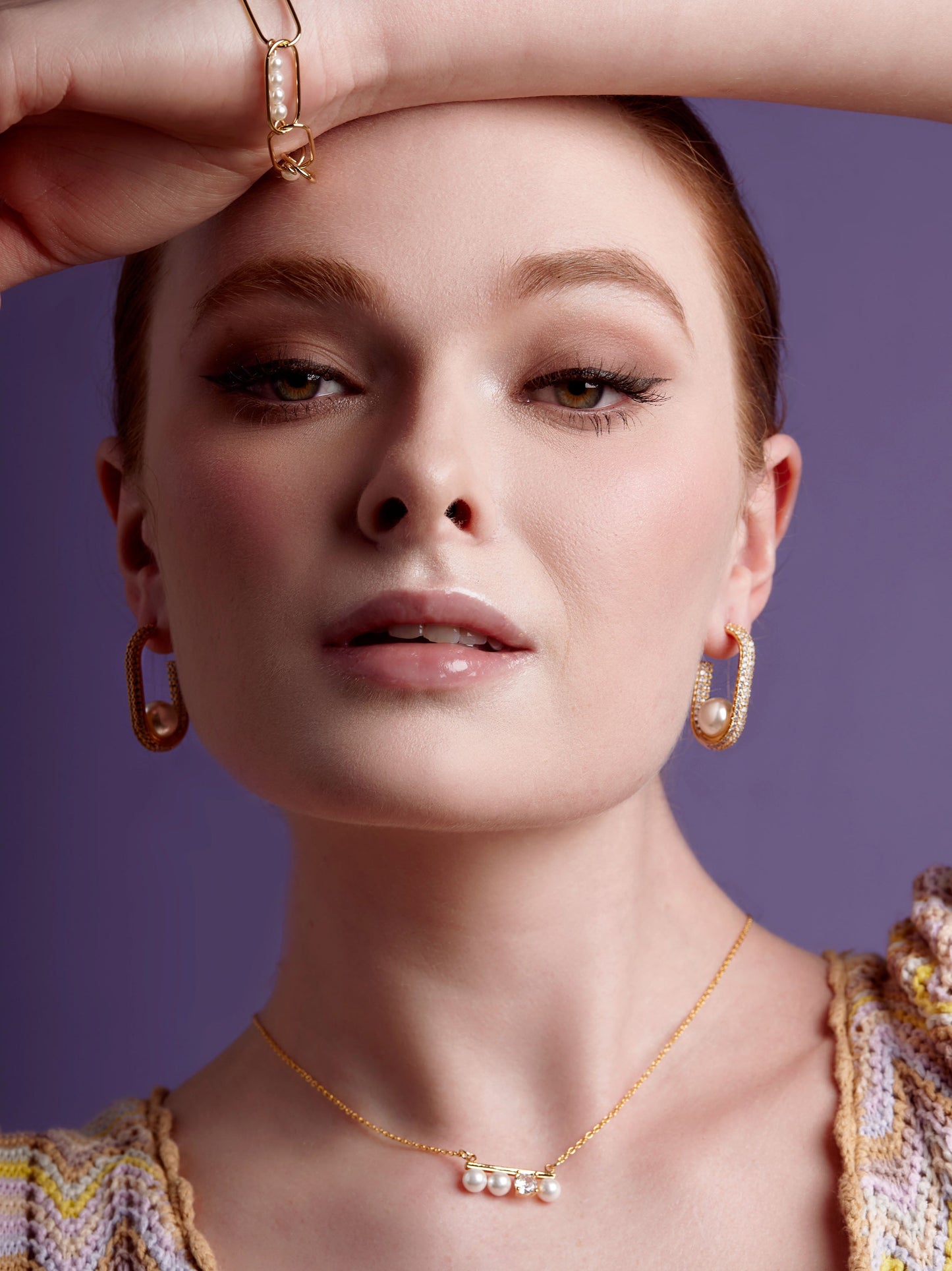 Pave U Shape Pearl Hoop Earring