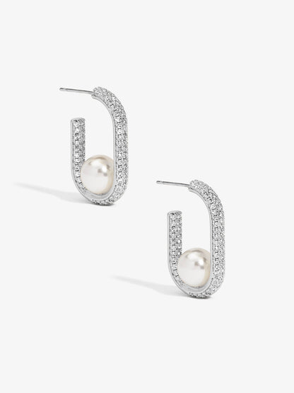 Pave U Shape Pearl Hoop Earring