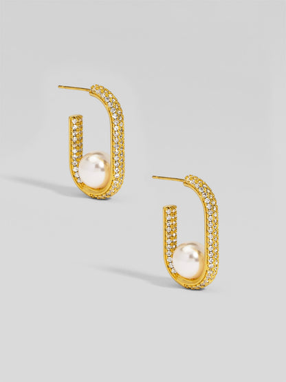 Pave U Shape Pearl Hoop Earring