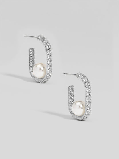 Pave U Shape Pearl Hoop Earring