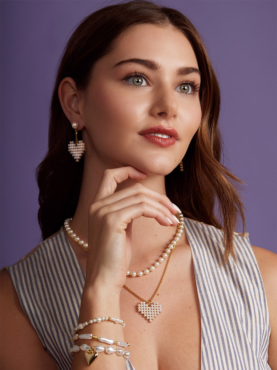 Beaded Heart Pearl Drop Earring