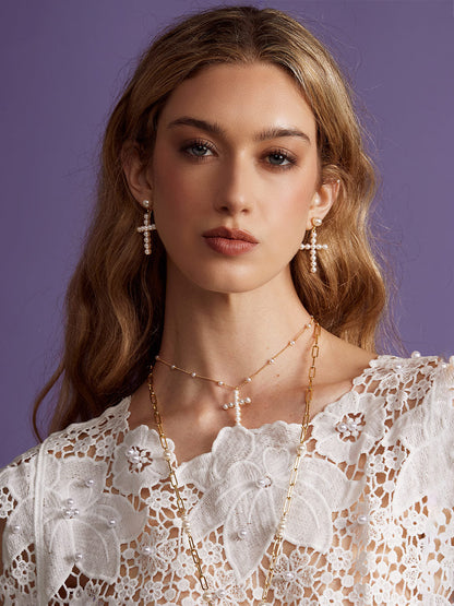 Pearl Cross Drop Earring