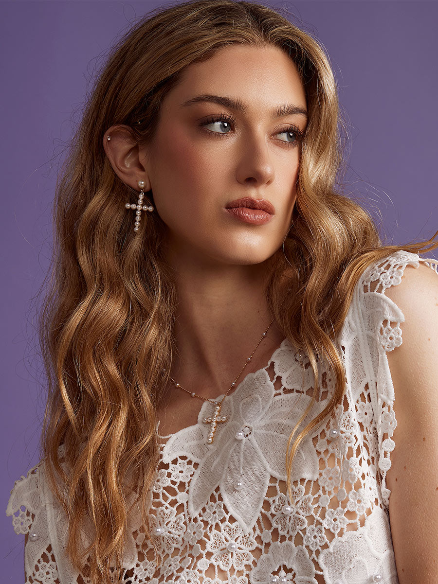 Pearl Cross Drop Earring