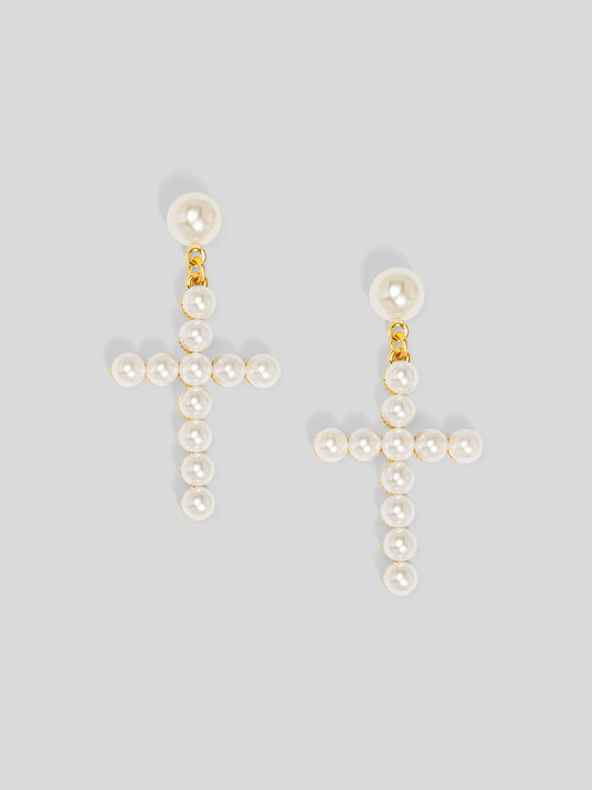 Pearl Cross Drop Earring