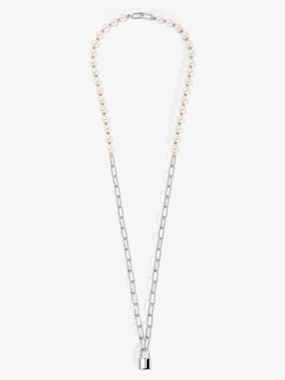 Pearl and Link Silver Lock Necklace