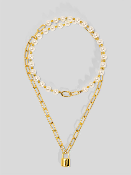 Pearl and Link Silver Lock Necklace