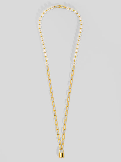 Pearl and Link Silver Lock Necklace