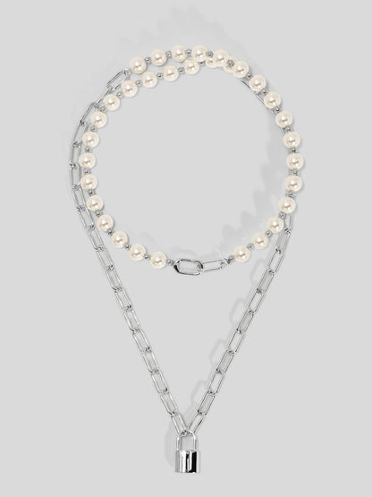 Pearl and Link Silver Lock Necklace