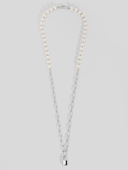 Pearl and Link Silver Lock Necklace