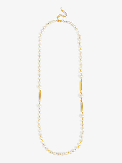 Long Pearl Necklace with Metal Bar