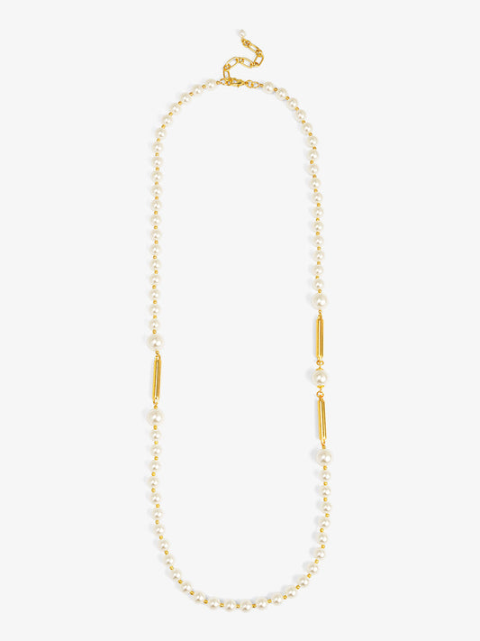 Long Pearl Necklace with Metal Bar