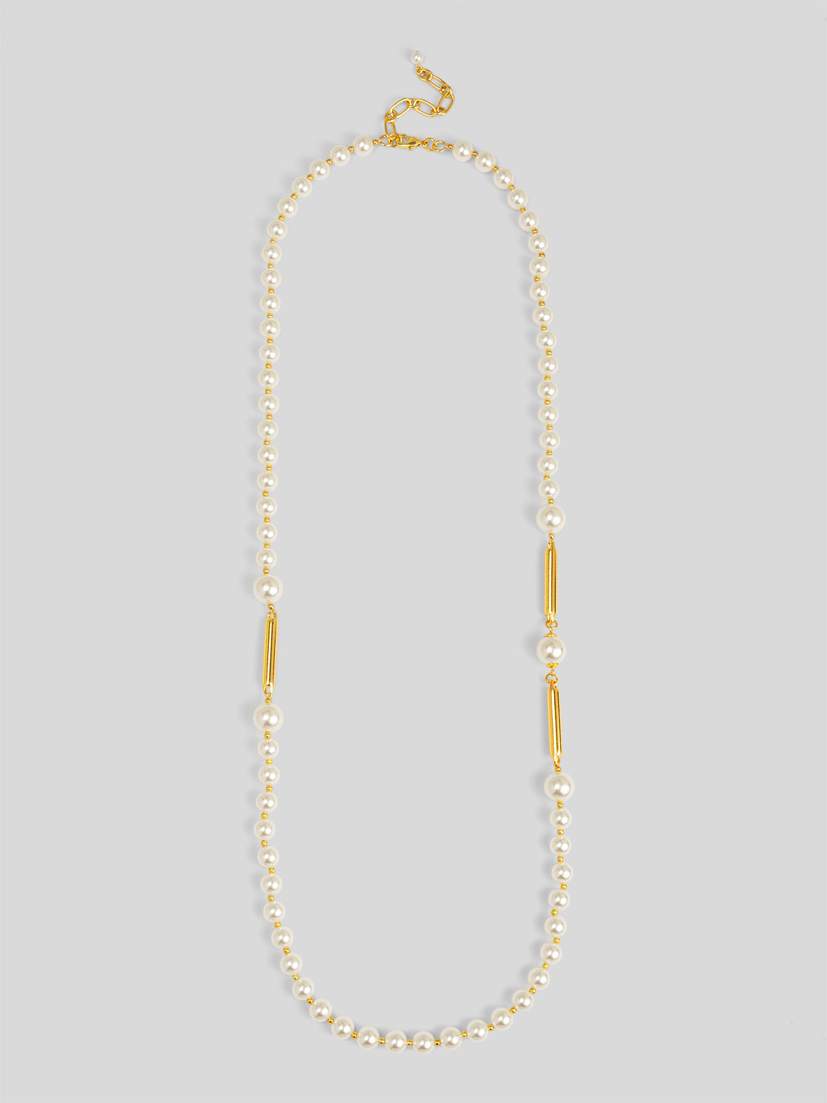 Long Pearl Necklace with Metal Bar