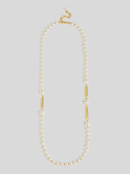 Long Pearl Necklace with Metal Bar