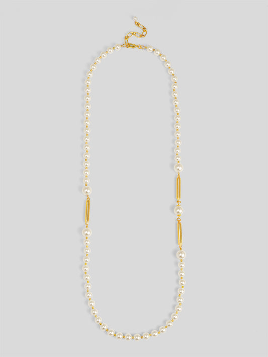 Long Pearl Necklace with Metal Bar