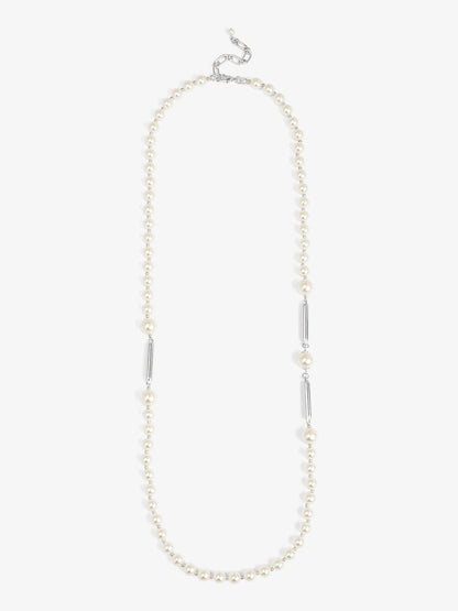 Long Pearl Necklace with Metal Bar
