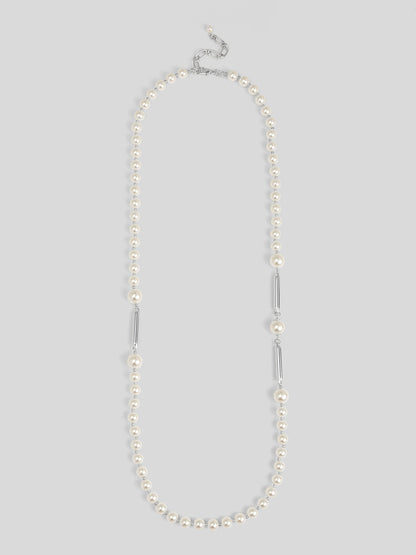 Long Pearl Necklace with Metal Bar