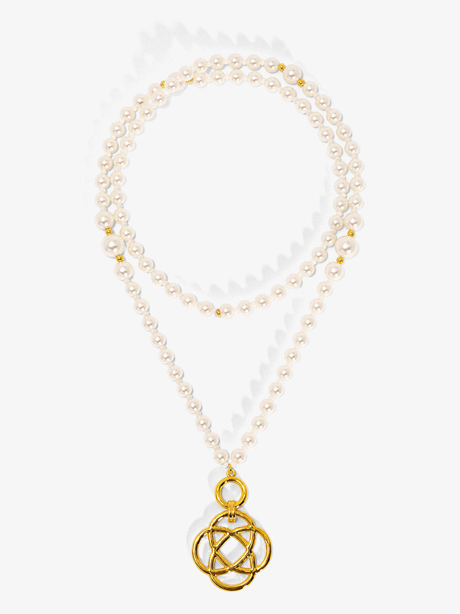Clover Charm Pearl Beaded Long Necklace