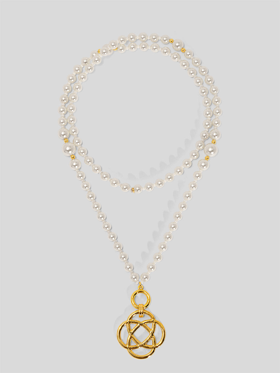 Clover Charm Pearl Beaded Long Necklace