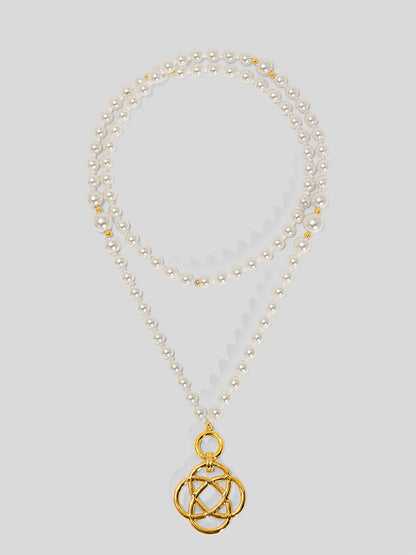 Clover Charm Pearl Beaded Long Necklace