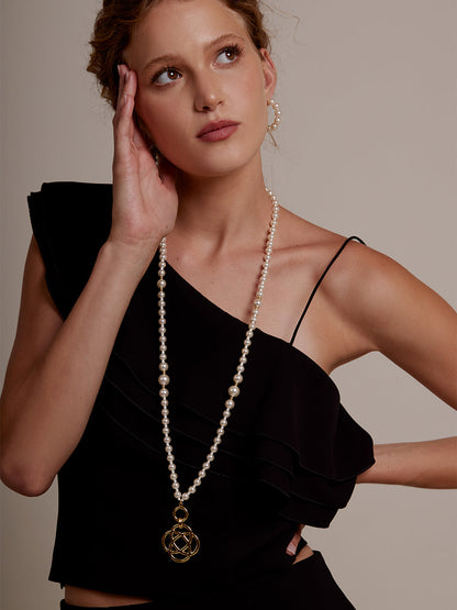 Clover Charm Pearl Beaded Long Necklace