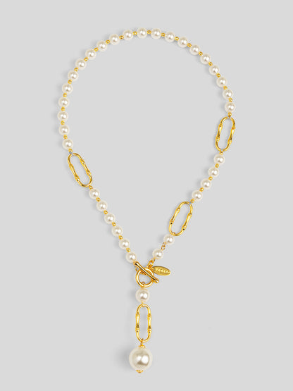 Bamboo Link Lariat Pearl Necklace