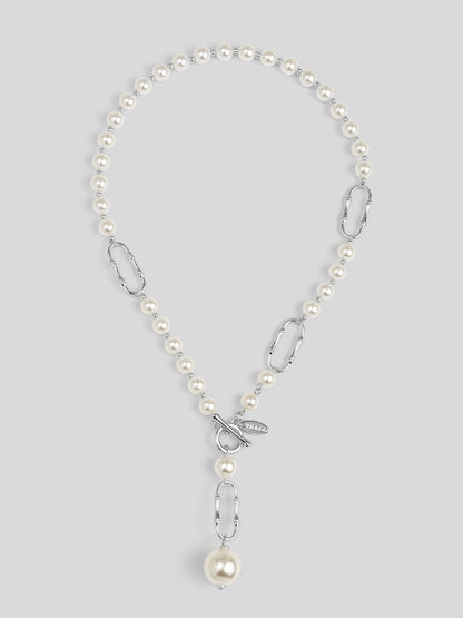 Bamboo Link Lariat Pearl Necklace