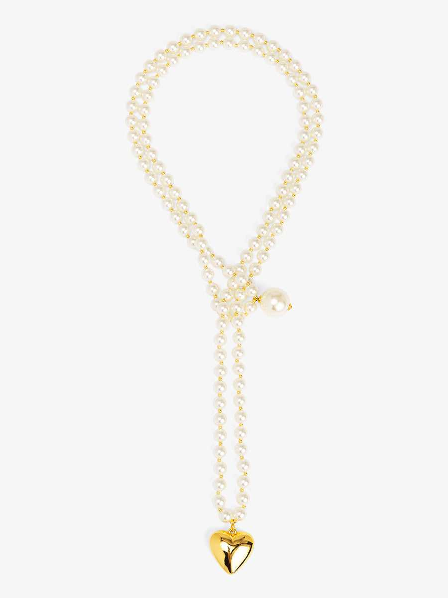 Puffed Heart Pearl Lariat Necklace