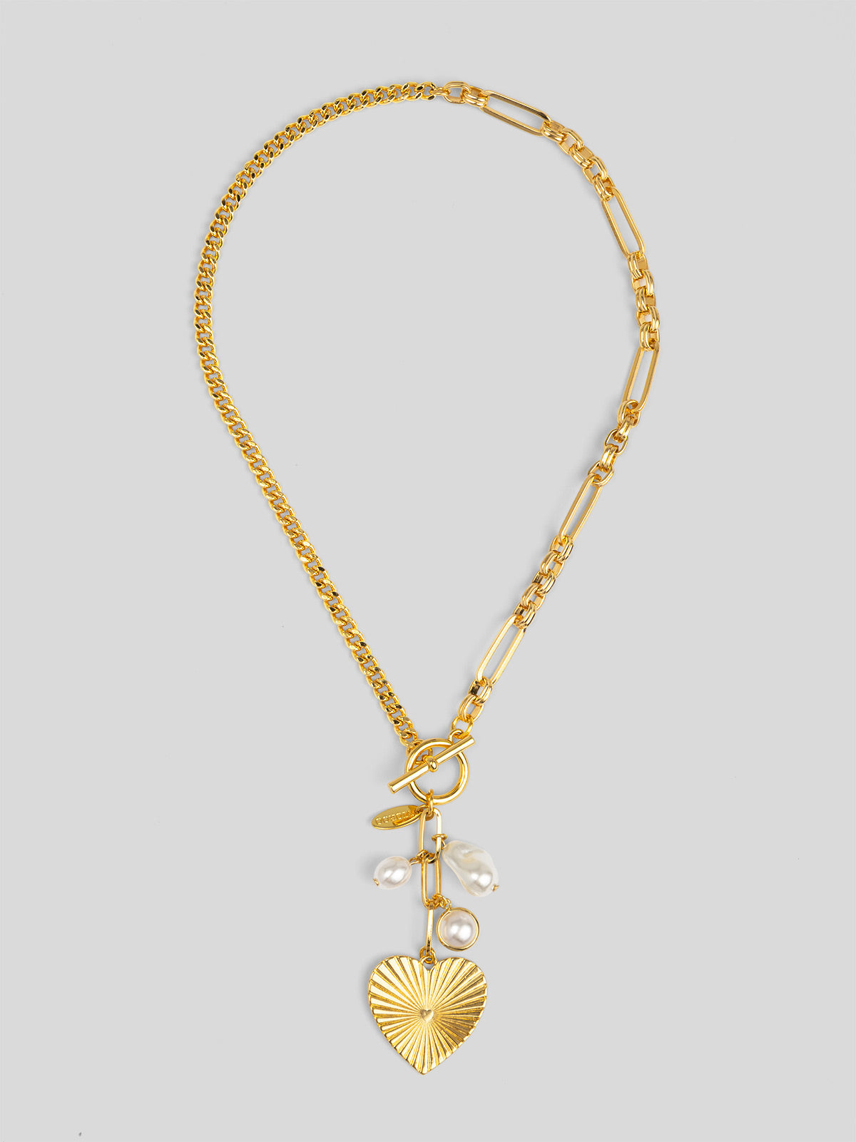 Mixed Link Heart and Pearl Charm Lariat Necklace