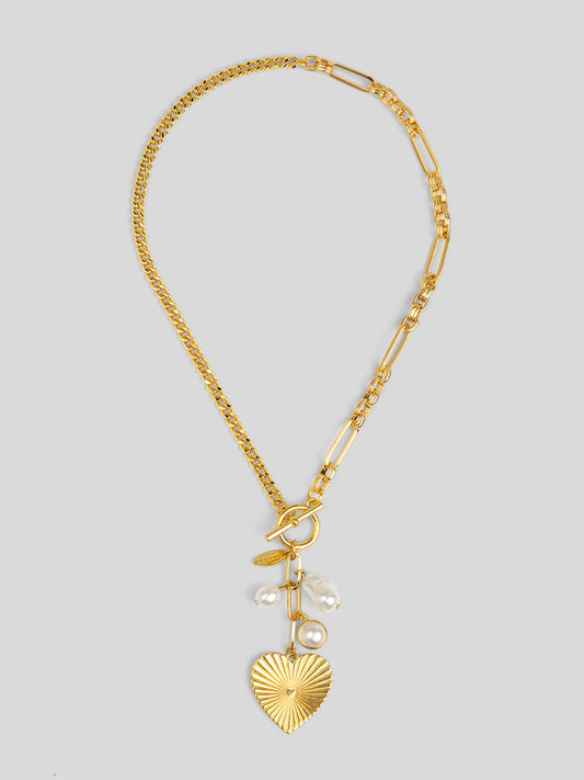 Mixed Link Heart and Pearl Charm Lariat Necklace