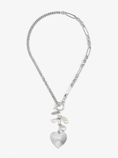 Mixed Link Heart and Pearl Charm Lariat Necklace