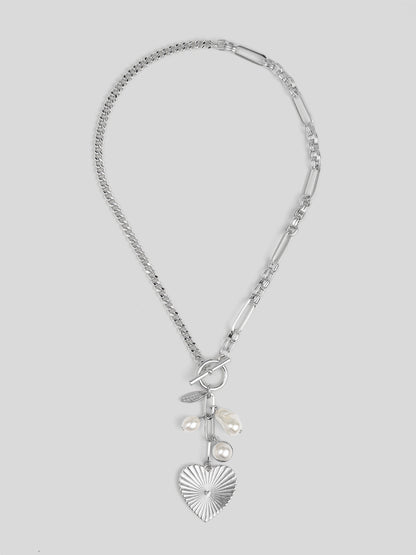 Mixed Link Heart and Pearl Charm Lariat Necklace