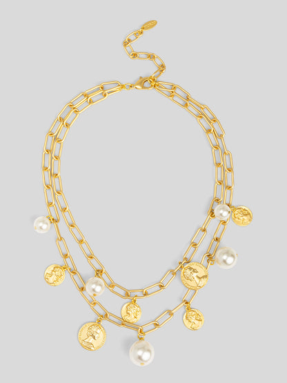 Pearls and Coins Charm Layered Necklace